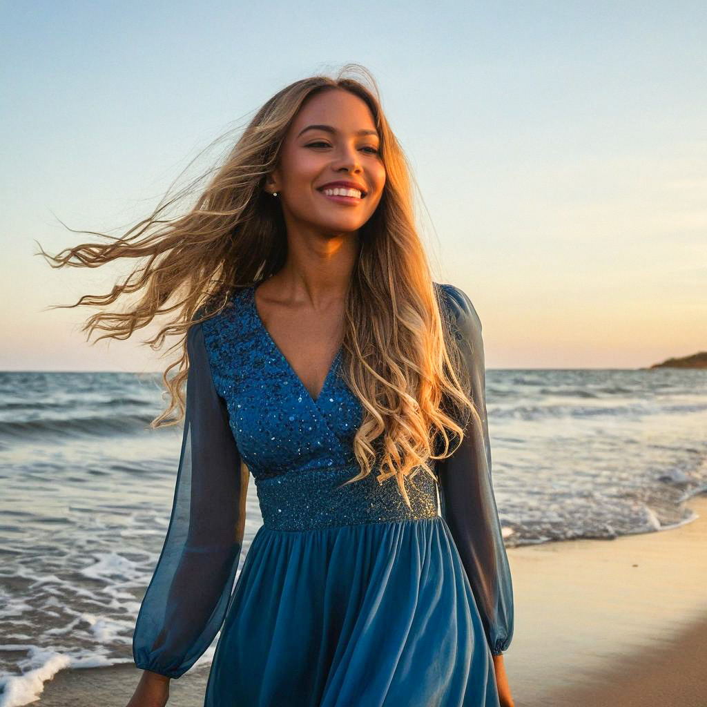 Smiling Woman in Blue Dress at Sunset Beach