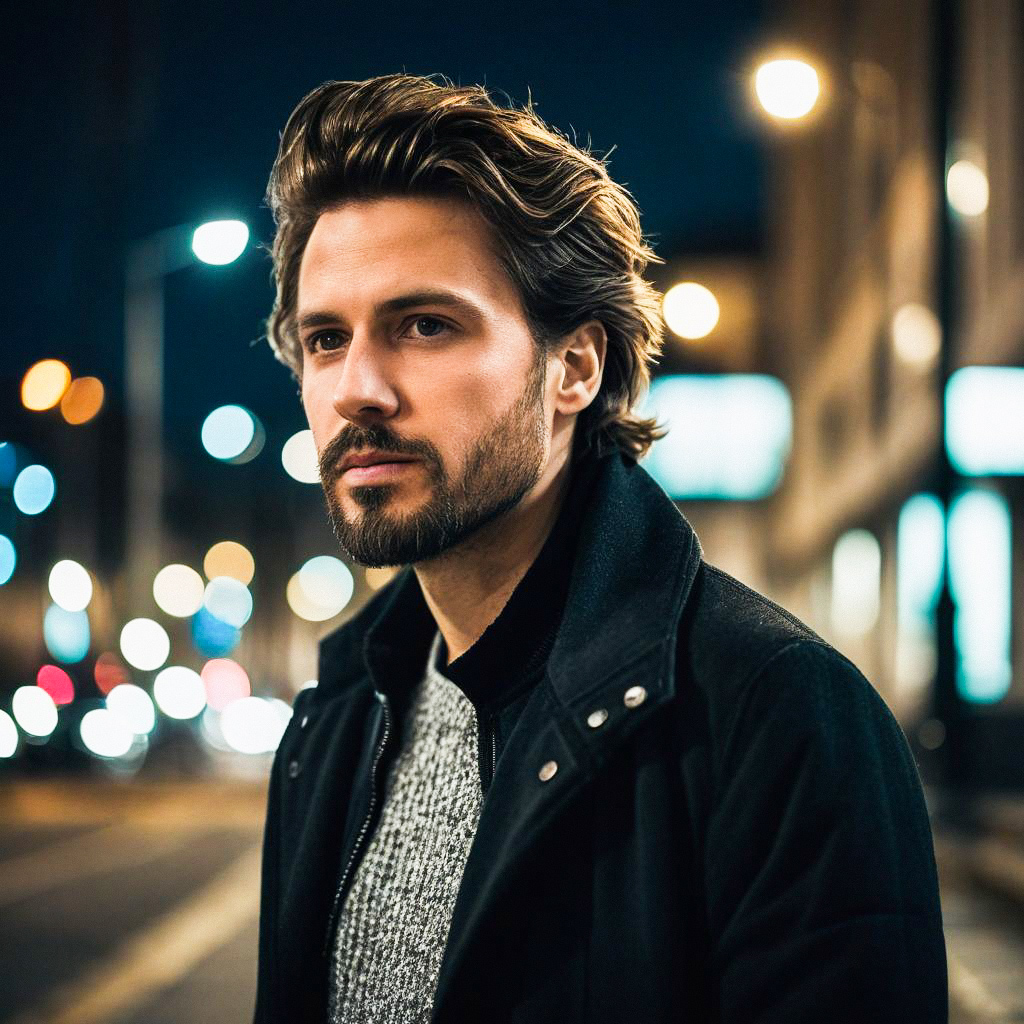 Thoughtful Man in City at Night