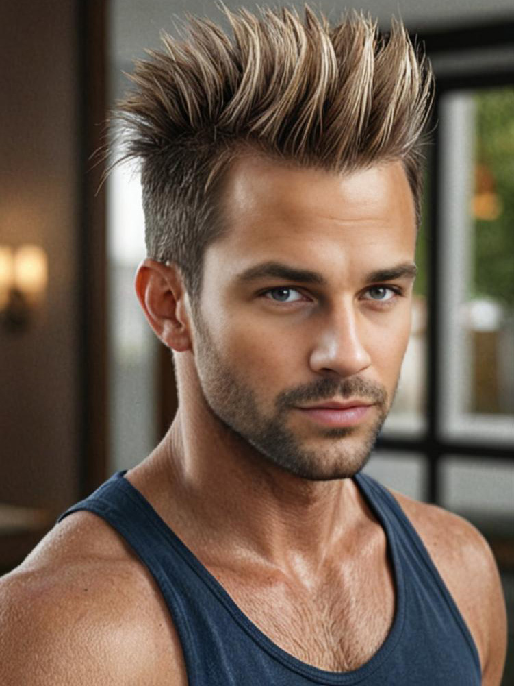 Man in Navy Blue Top with Spiky Blonde Hair