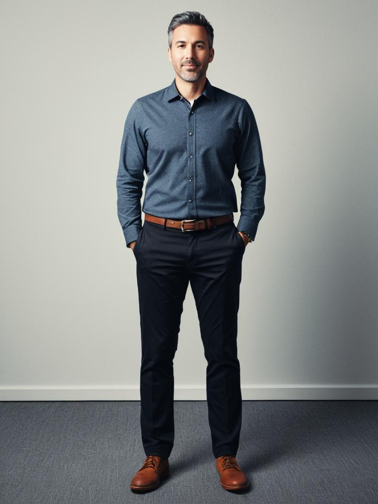 Man in Casual Office Outfit with Smart Shirt and Slacks Full Body Photo