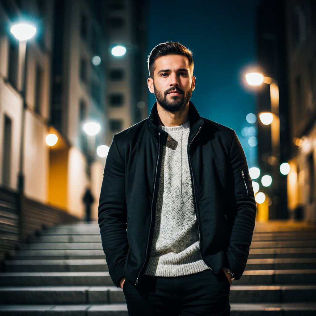 Confident man on urban staircase at night