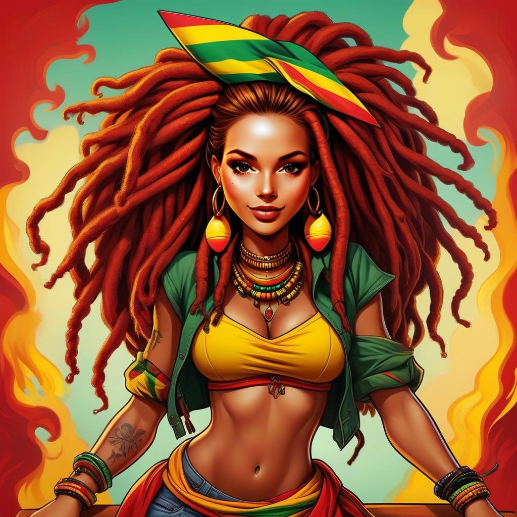 Confident Woman with Fiery Red Dreadlocks in Colorful Attire Confident Woman with Fiery Red Dreadlocks in Colorful Attire