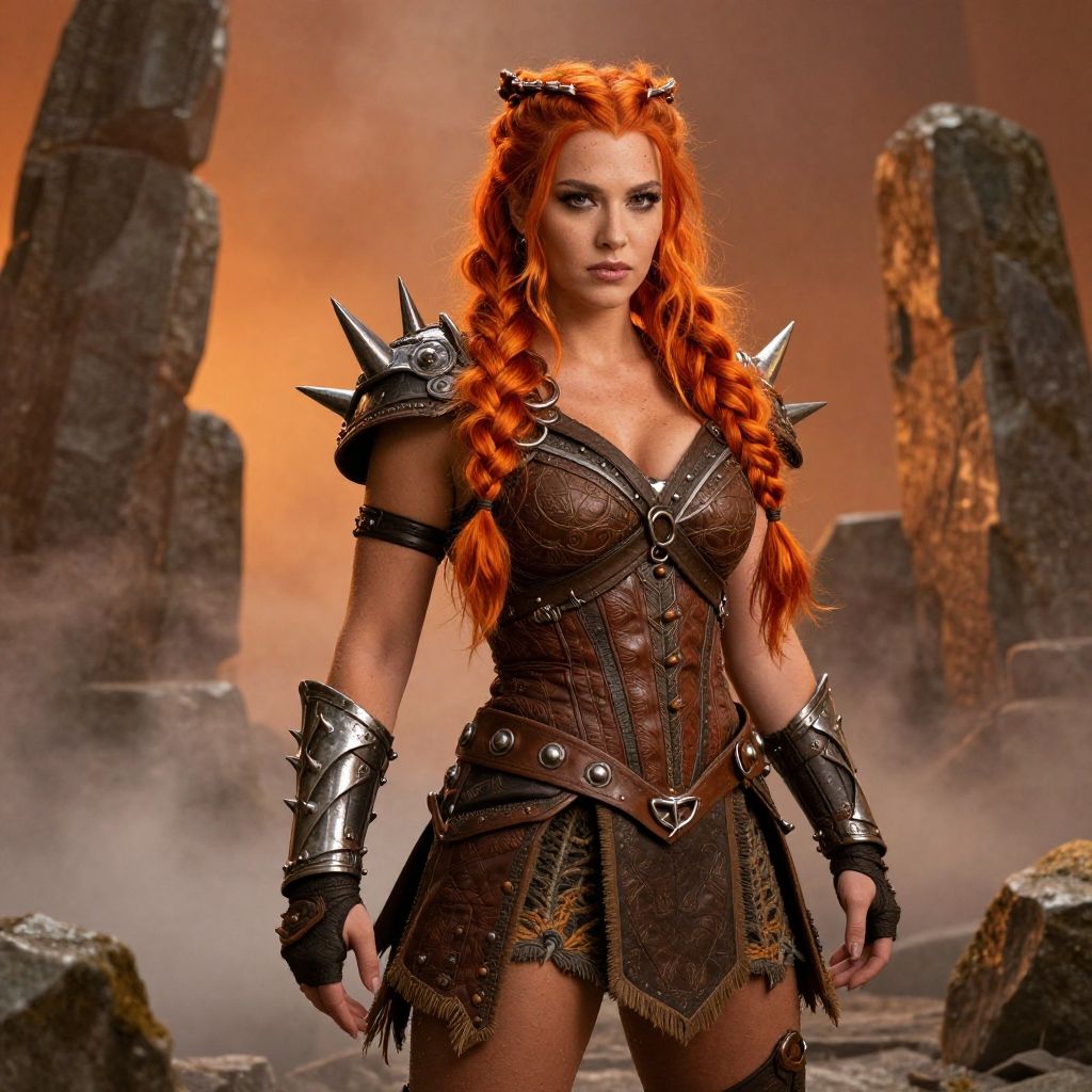 Red-Haired Female Warrior in Fantasy Leather Armor Among Stone Ruins