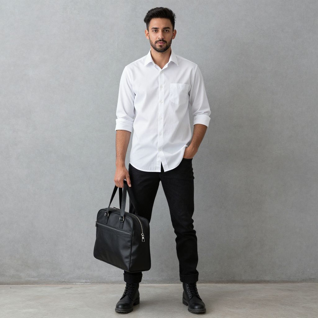 Confident Man in White Shirt Holding Black Briefcase Standing Against Gray Background
