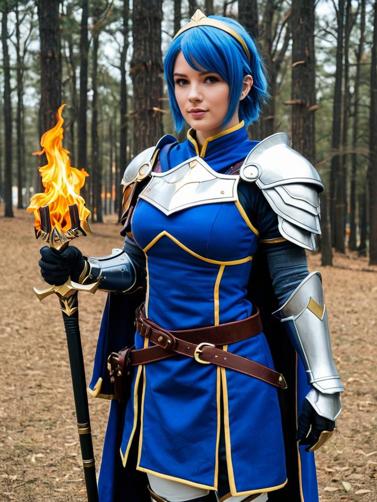 Realistic Catria Fire Emblem Cosplay with Fiery Staff in Forest