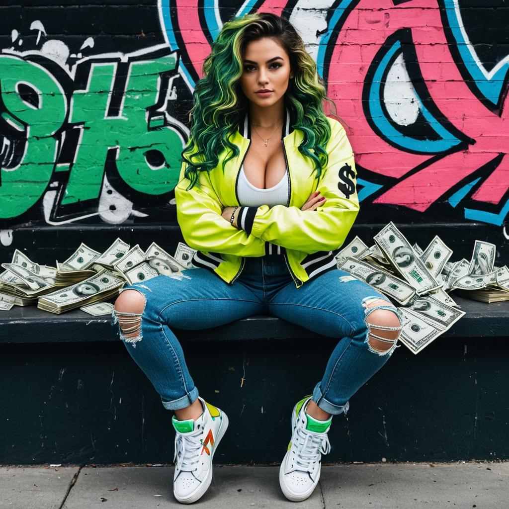 Street Style Woman in Neon Jacket Sitting with Money and Graffiti Background
