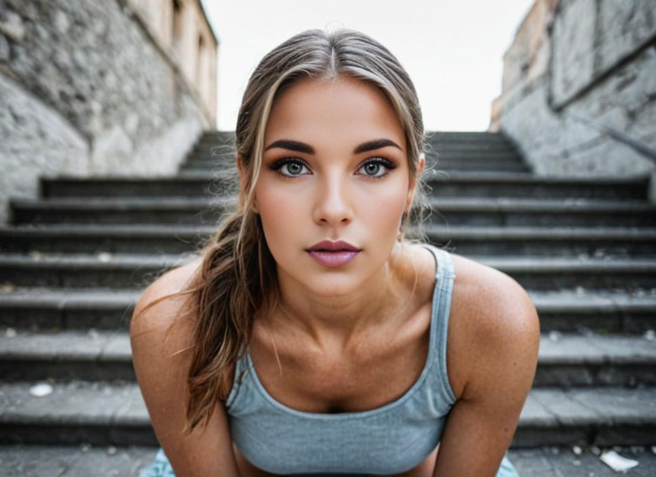 Woman in Grey Tank Top on Stone Steps