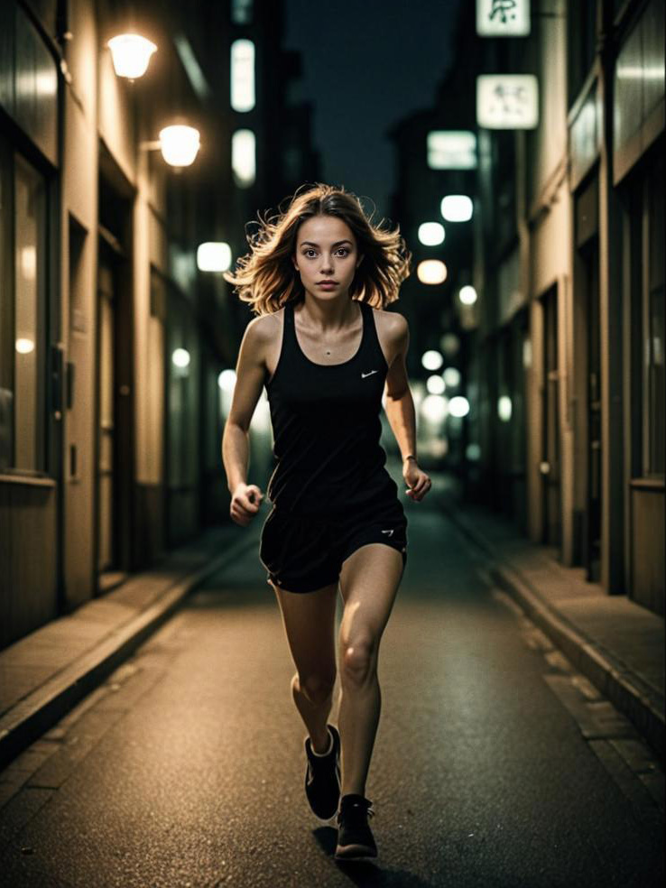 Woman Running in Dimly Lit Alley - Analog Film Aesthetic