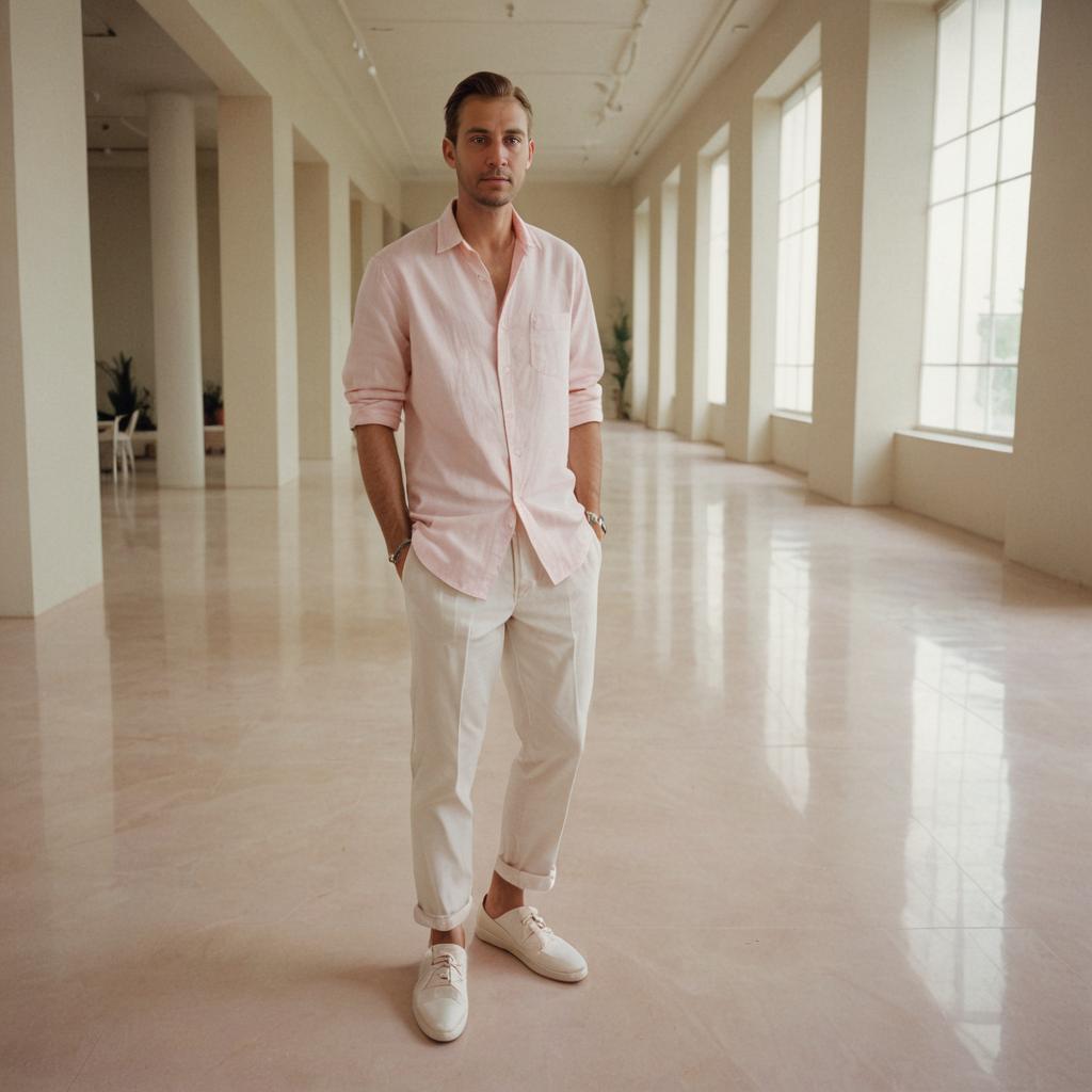 Confident Man in Pink Shirt and White Pants