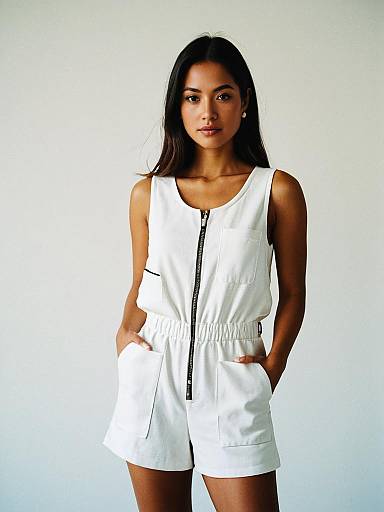 Minimalist White Sleeveless Romper with Scoop Neck and Front Zipper