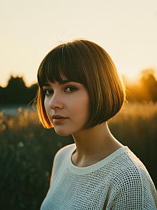 Photorealistic Portrait of Woman with Short Bob Haircut in Golden Hour Outdoor Light