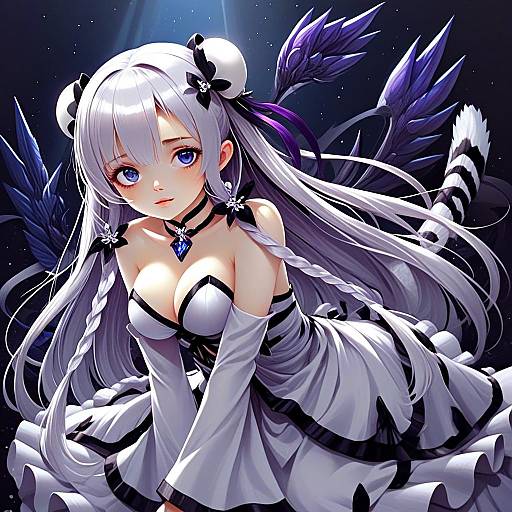 Elegant Anime Woman with Silver Hair and Dark Fantasy Wings