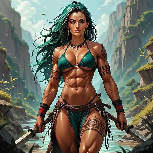 Fierce Warrior Woman with Swords in Canyon Landscape Digital Art