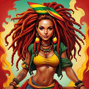 Confident Woman with Fiery Red Dreadlocks in Colorful Attire