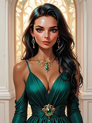 Elegant Woman in Emerald Green Gown Digital Illustration