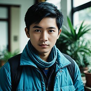 Young Malaysian Man in Blue Jacket with Plants