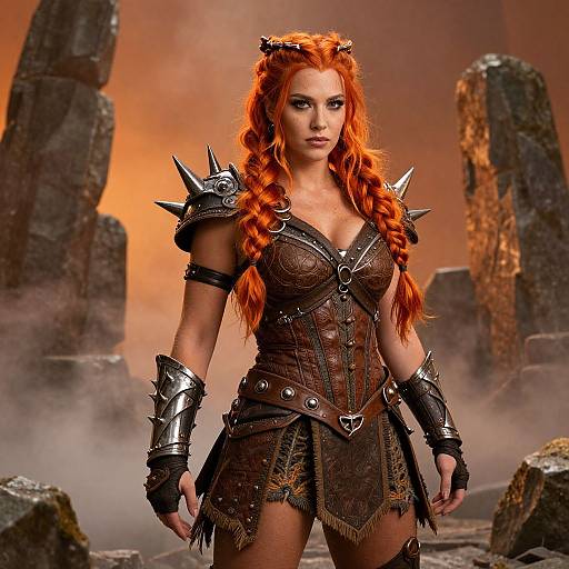 Red-Haired Female Warrior in Fantasy Leather Armor Among Stone Ruins