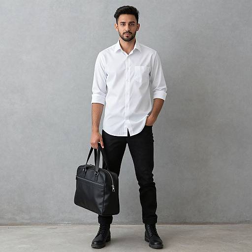 Confident Man in White Shirt Holding Black Briefcase Standing Against Gray Background