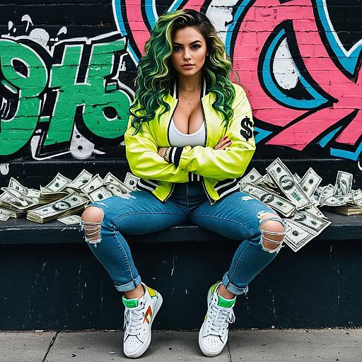 Street Style Woman in Neon Jacket Sitting with Money and Graffiti Background