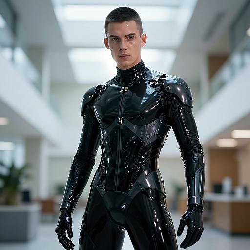 Futuristic Man in Black Armored Cyberpunk Bodysuit