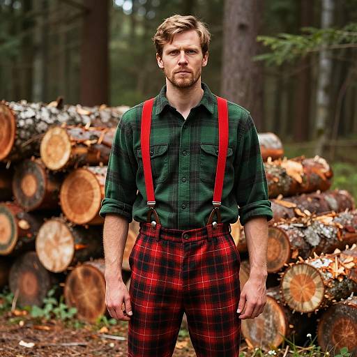 Man Wearing Plaid Lumberjack Outfit with Red Suspenders in Forest