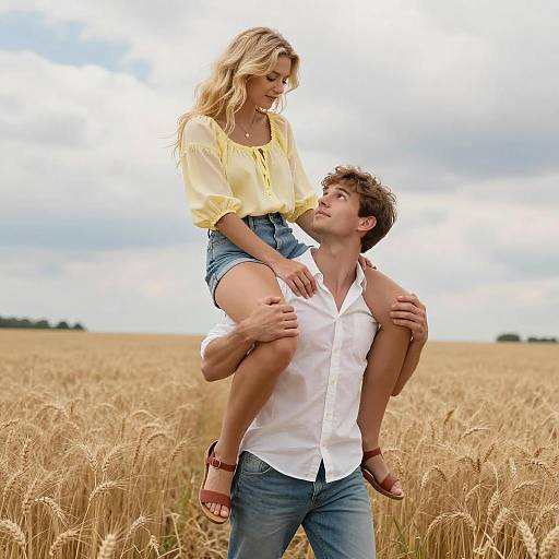 Joyful Young Couple in Wheat Field Outdoor Lifestyle Photo