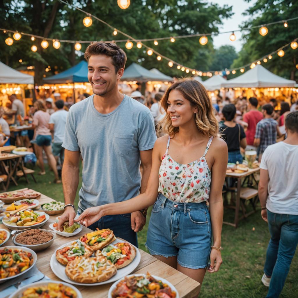 Smiling couple at festive outdoor food market