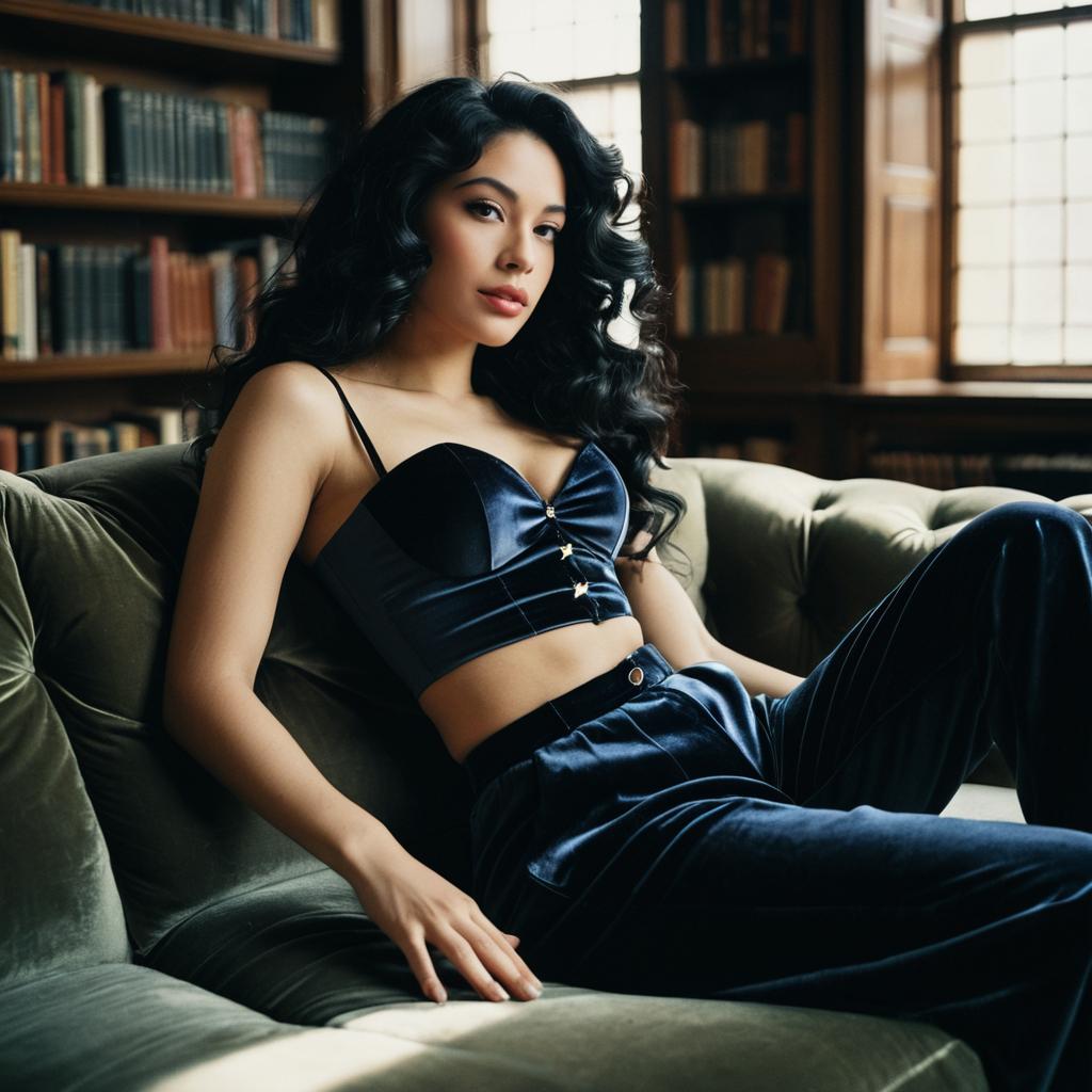 Elegant Woman in Velvet Outfit Relaxing on Sofa in Library