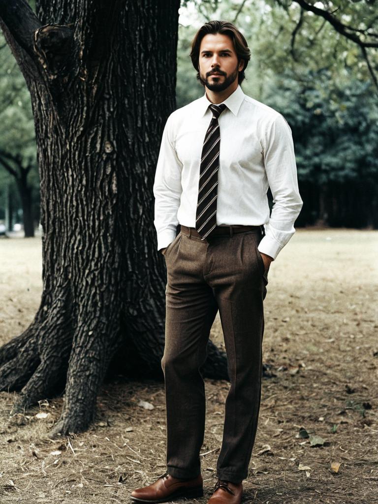 Vintage Style Man Standing Outdoors in Brown Trousers and White Shirt