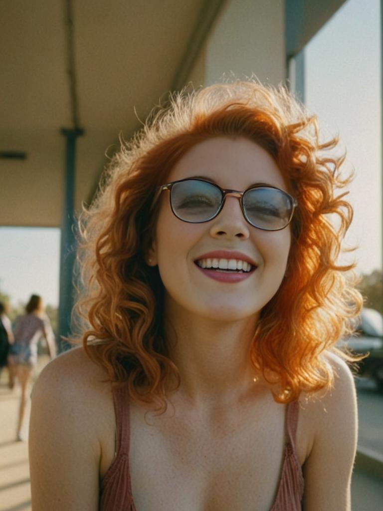 Cheerful woman with curly red hair in sunlight