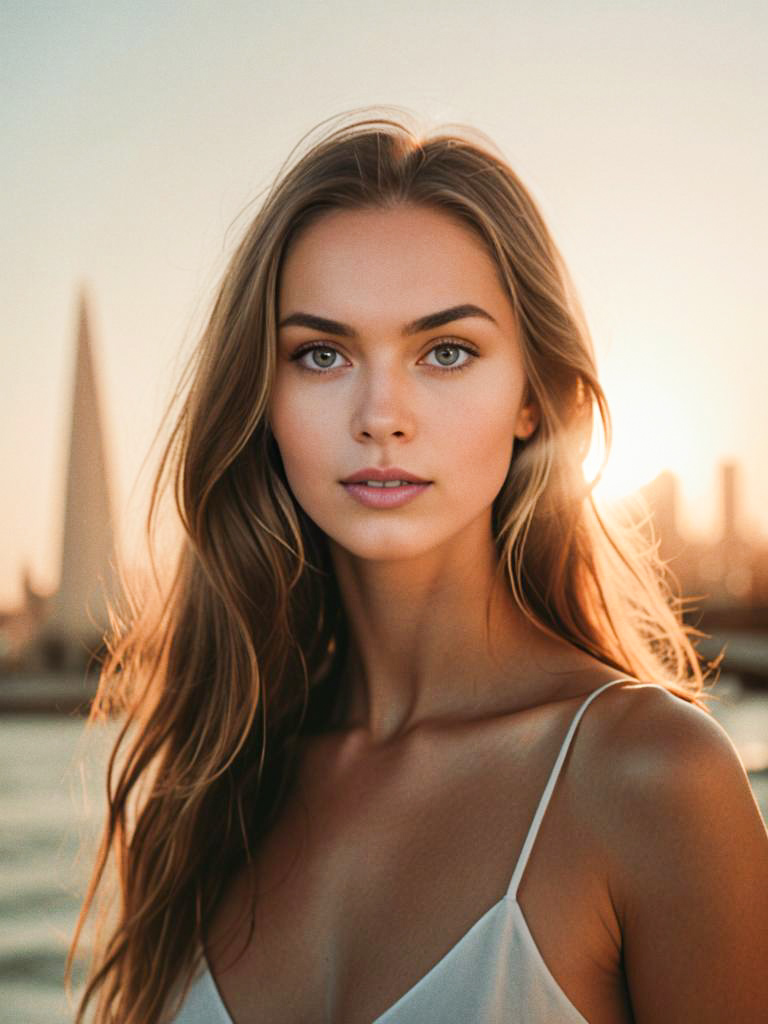 Serene Woman by Water at Sunset