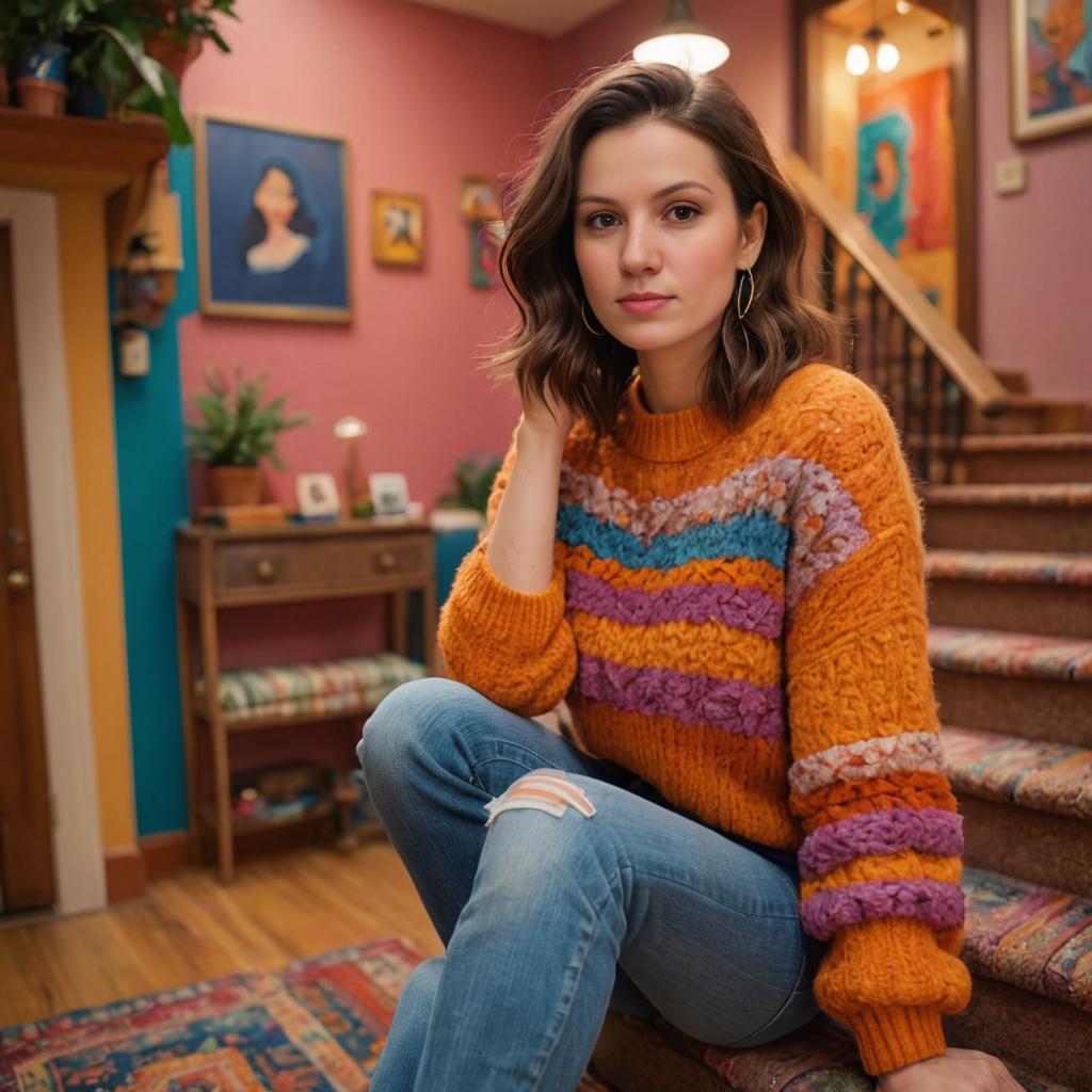 Stylish Woman on Staircase in Colorful Home Interior