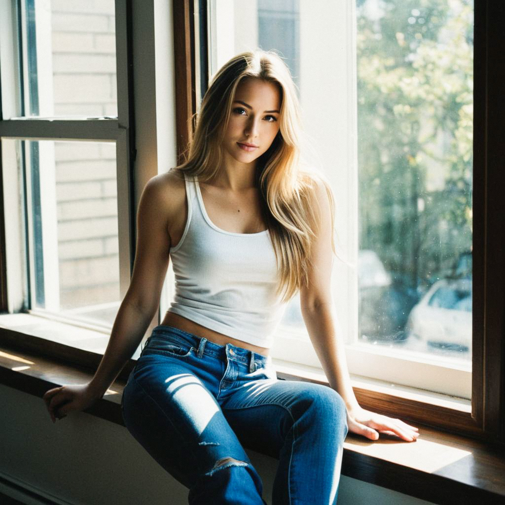 Young Woman on Windowsill in Natural Light