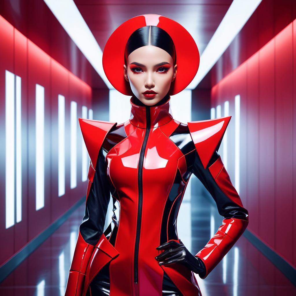 Futuristic Woman in Red and Black Outfit