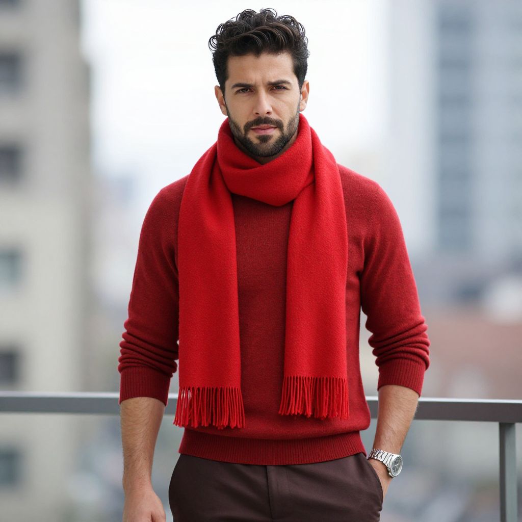 Confident Man Wearing Red Sweater and Scarf in Urban Setting