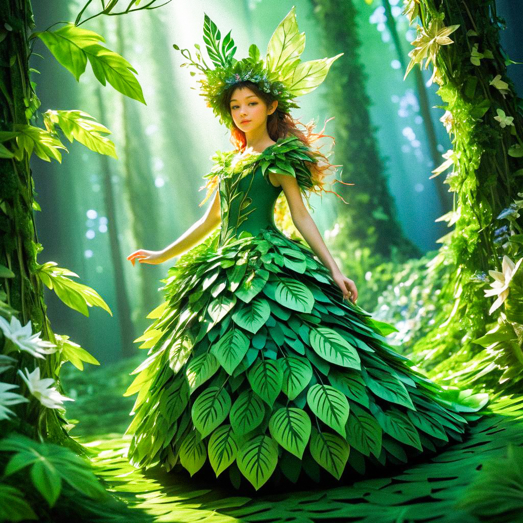 Woman in Green Leaf Gown in Enchanted Forest