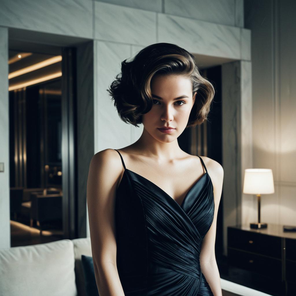 Elegant Woman in Black Dress in Modern Interior