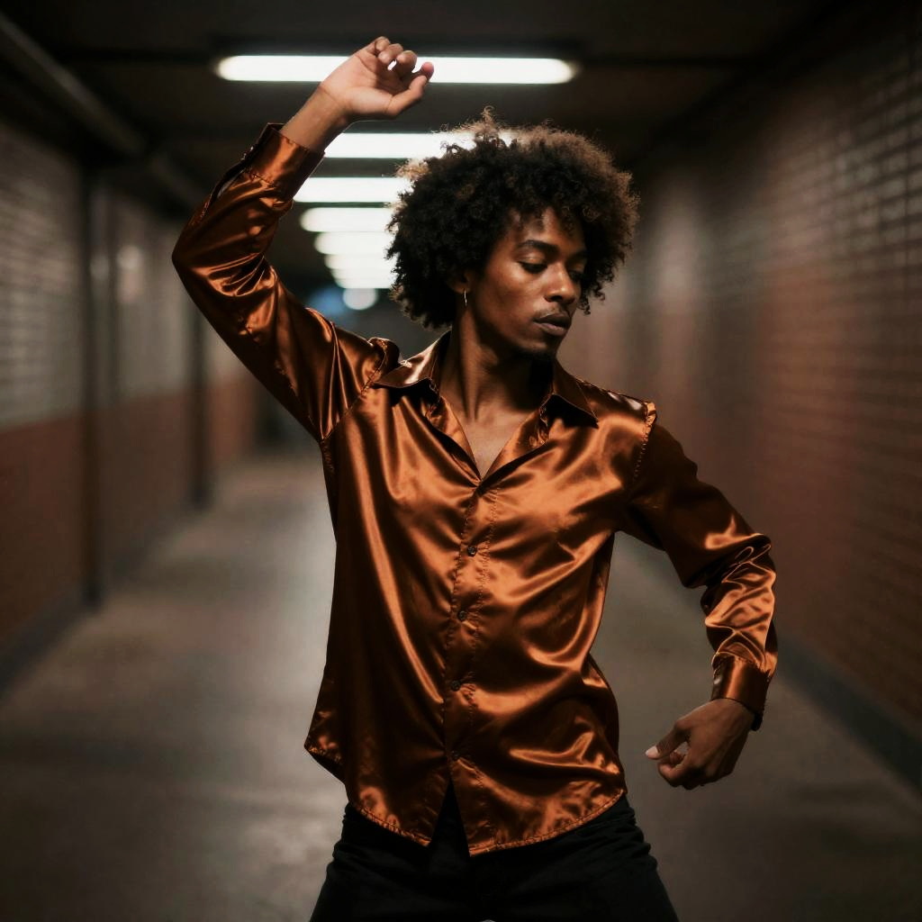 Young Man Dancing in Bronze Satin Shirt in Urban Corridor