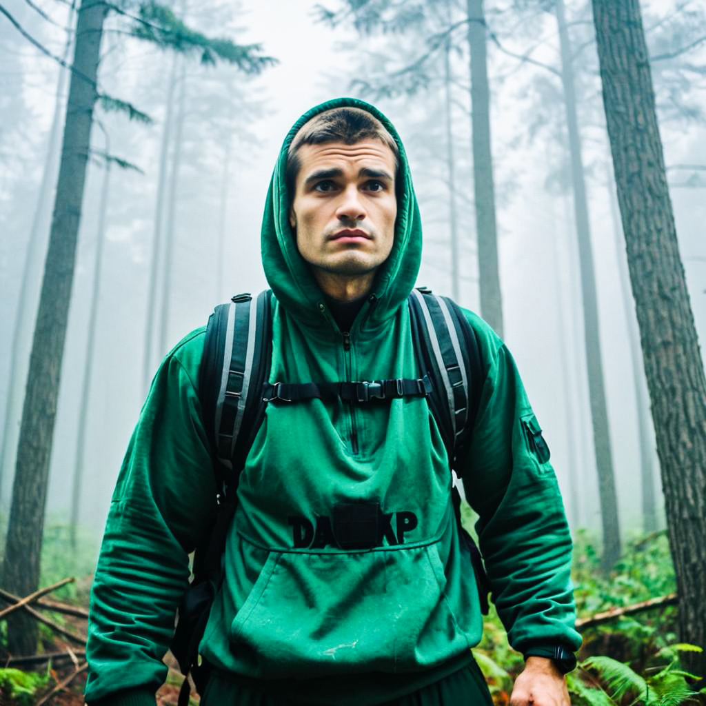 Man in Green Hoodie in Foggy Forest Man in Green Hoodie in Foggy Forest