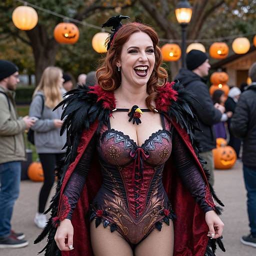 Gothic Woman in Feathered Halloween Costume Smiling Outdoors