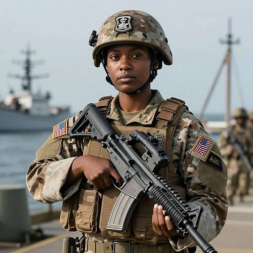 Female Soldier in Combat Gear Holding Assault Rifle on Naval Dock