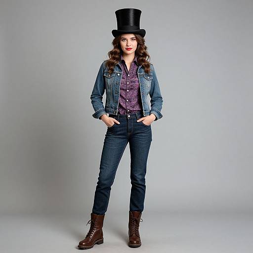 Stylish Woman Wearing Denim Jacket and Top Hat Standing Confidently