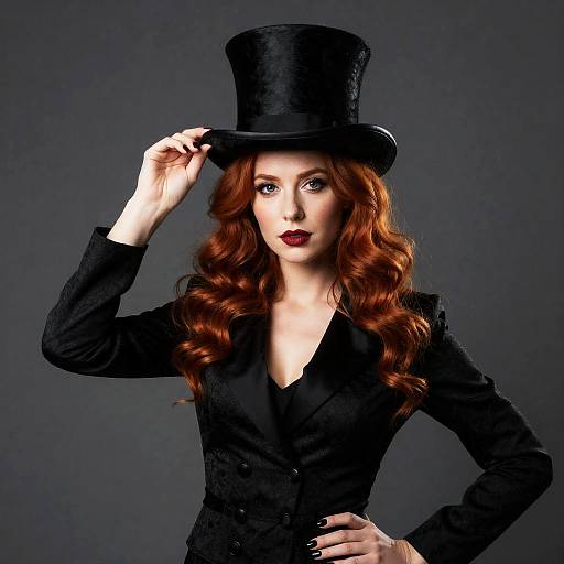 Woman Magician with Red Hair Wearing a Black Top Hat and Tailored Jacket