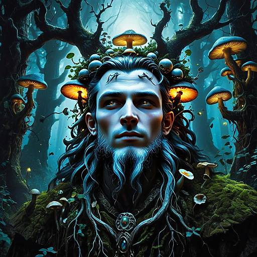 Mystical Man with Glowing Mushroom Crown in Enchanted Forest Fantasy Portrait