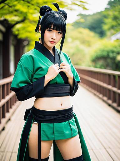 Hamaguchi Ayame Woman in Green Traditional Japanese-Inspired Outfit on Wooden Bridge