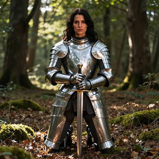 Woman in Medieval Armor Kneeling with Sword in Forest