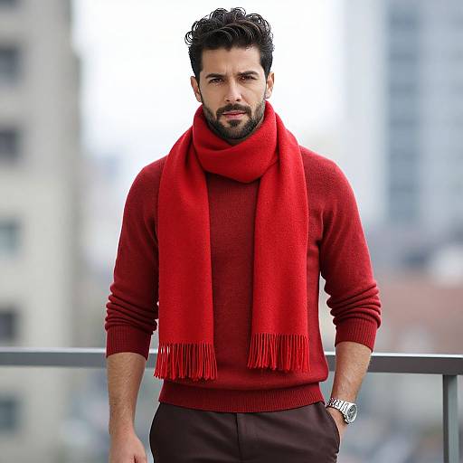 Confident Man Wearing Red Sweater and Scarf in Urban Setting