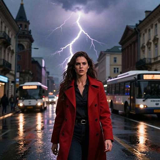 Woman in Red Coat Walking City Street with Lightning Storm