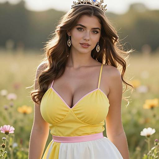 Young Woman in Yellow Dress and Crown in Flower Field