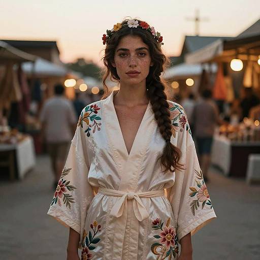 Young Woman in Floral Embroidered Robe and Crown at Evening Market